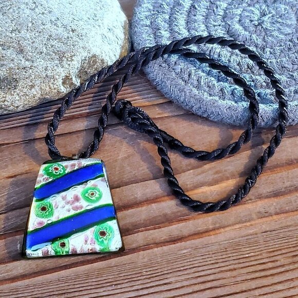 Cobalt Blue Dichroic Glass Trapezoid Necklace - Picture 3 of 8